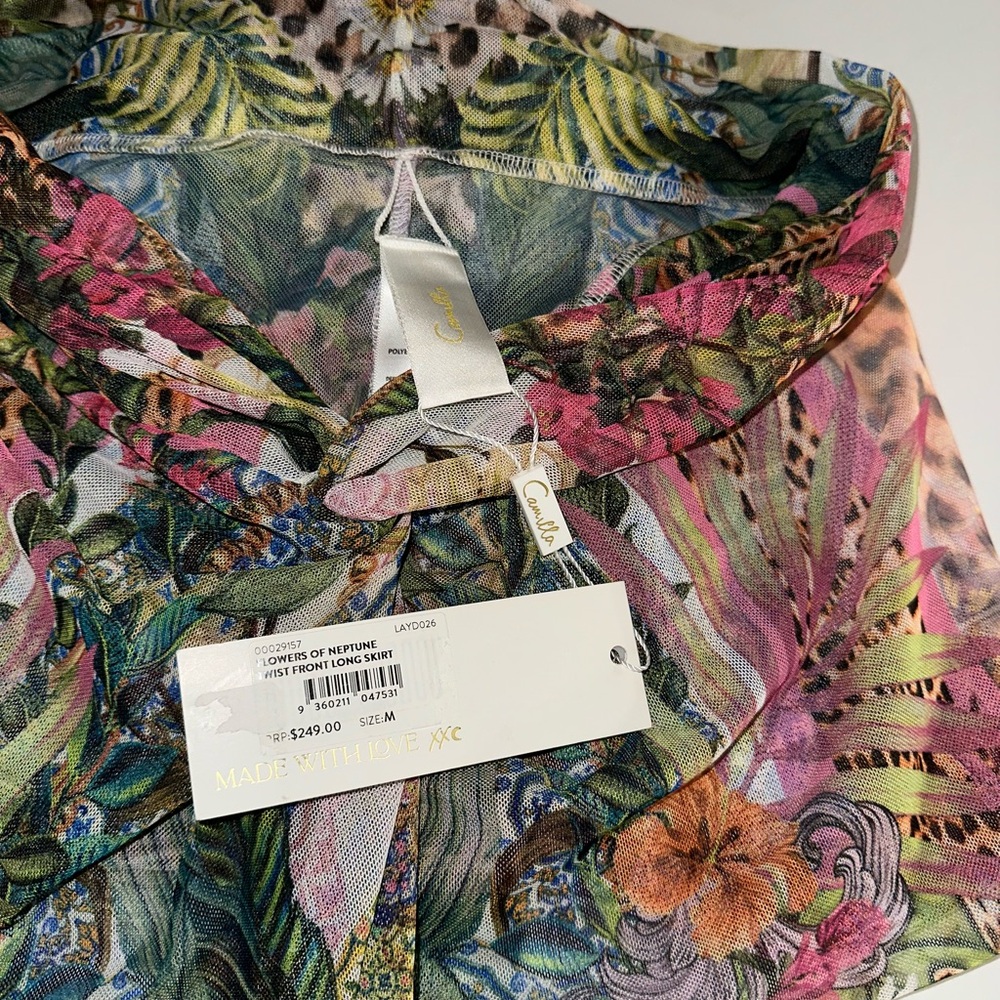 Camilla “Flowers of Neptune” sheer long twist front boho swim coverup skirt M - Picture 7 of 10